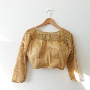Boho Desi Girl Saree Crop Top Womens XS Gold Beige Lace Beaded Ethnic Indian
